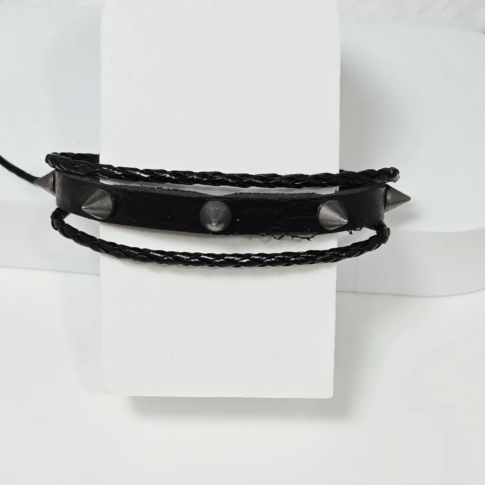 Men’s Punk Spiked Faux Leather Bracelet Adjustable Edgy Statement Layered Casual